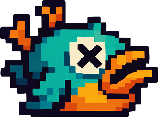 A pixel art version of the same bird character shown in a defeated state, designed for a 2D side-scrolling game. The bird appears to be falling downward or lying upside down, with closed or X-shaped eyes and limp wings. Its beak might be slightly open, and its posture should suggest that it is unconscious or dead. The overall style should remain cute and cartoonish, fitting the retro pixel art theme, but clearly indicate that the bird is no longer alive.