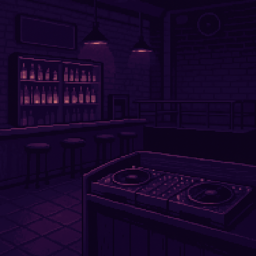Pixel art background, 2048x2732 resolution, defeat screen for a rhythm game set in a moody bar. Dim lighting, purple and dark tones, empty DJ booth, quiet atmosphere, no characters or text..
In-Game asset.  2d.  High contrast.  No shadows