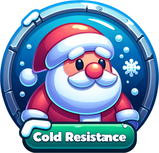Icon for santas cold resistence, cartoon, with the text: „Cold Resistence“ at top Single Game Texture. In-Game asset. 2d. Blank background. High contrast. No shadows.