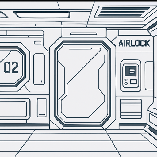 A sterile space station background But it’s still futuristic and definitely seems like it’s made out of metal.
In-Game asset.  2d.  High contrast.  No shadows