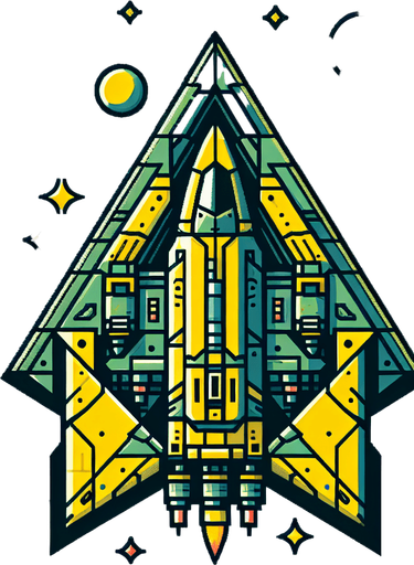 triangular space ship, yellow/green.
Single Game Texture.  In-Game asset.  2d.  Blank background.  High contrast.  No shadows