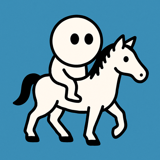 White simple circular enemy seen from above, black outline. Black eyes, on a white horse. Black and white only. Blue background.