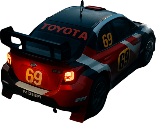 Photorealistic TOTOYA Rallycar in nightlight, drone topview from back and 45 degrees angle in top right corner