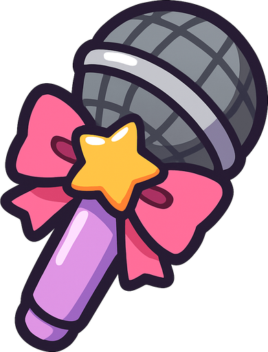 Micrófono chibi, con un lazo rosado y una estrella como moño en el mango del micrófono.
In-Game asset.  2d.  High contrast.  No shadows