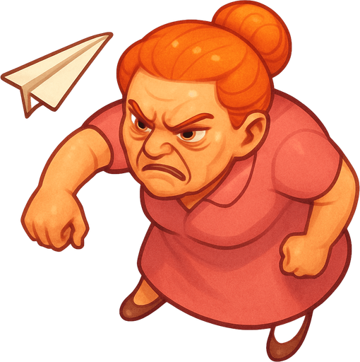 A lady that just threw a paper plane and is leaned forward due to that. She has a pink dress and orange hair. She looks like she has been working in an office for 40 years. Make her look angry as fuck. Cute soft graphics. soft ambient light. semi-matte to satin surfaces. naturalistic with slight saturation boost colors. 
In-Game asset.  2d.  High contrast.  No shadows. top down. View from above.