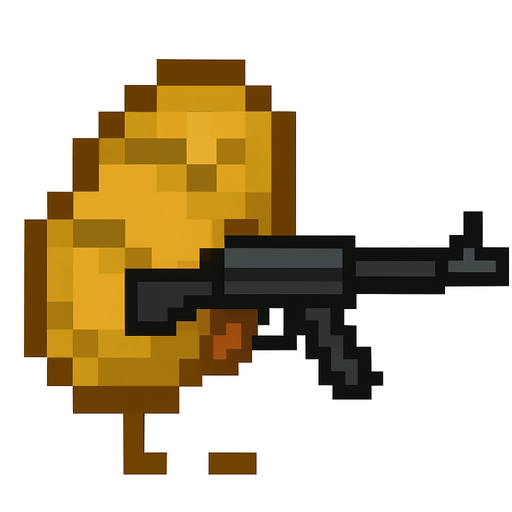 Use png Image of a potato from game mincraft.And make the potato hold an animated gun
In-Game asset.  2d.  High contrast.  No shadows