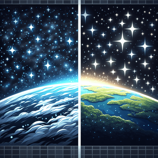 Outterspace above, terra firma below.
Single Game Texture. In-Game asset. 2d. Blank background. High contrast. No shadows.