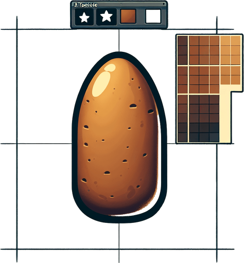 A bullet shaped potato.
Single Game Texture. In-Game asset. 2d. Blank background. High contrast. No shadows.