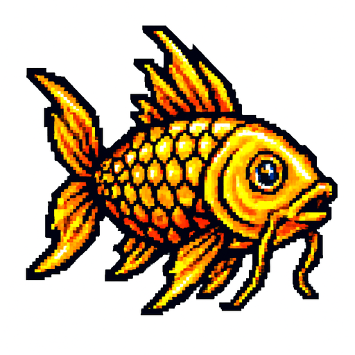 A shining golden mythical fish. Side profile, swimming. 
80s arcade machine graphics. White background. 
In-Game asset.  2d.  High contrast.  No shadows