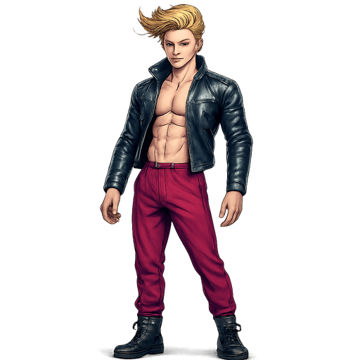 Swishy graceful man Cyberpunk manga, idle animation, shiny black leather biker jacket longsleeves shirtless Skinny abs blonde pompadour guy, wine red joggers combat boots, Background removed, "Full-body character, entirely in frame, no cropping of face, head, or feet" "Complete character visible, from head to toe, fully centered in the image" "Entire character, including face and boots, fully within the frame" Character fully contained within a square frame, no edges cut off fashion model idle pose