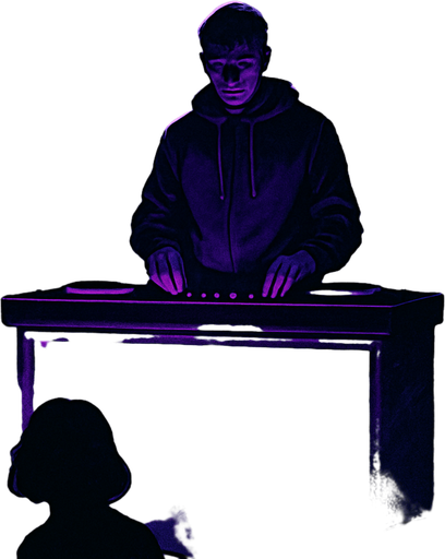 A cinematic comic book-style vertical panel, 2048x2732. Inside a moody, dimly lit underground bar, a lone DJ (Noah) stands behind a glowing DJ booth, facing forward but with his head slightly bowed. Sparse silhouettes of a few customers sit at shadowy tables, blurred by distance and smoke. Purple and blue neon lights gently illuminate the space. The atmosphere feels still, as if something important just began. A faint spotlight outlines Noah's figure. This scene conveys calm before momentum, subtle drama and emotional depth. No text or narration in the image..
In-Game asset.  2d.  High contrast.  No shadows