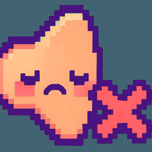 A small and cute pixel art icon representing sound off, designed for a 2D game UI. The icon shows the same round speaker, but now with a sad or sleepy face and a small red X or mute symbol on it. The sound waves are gone or faded out. The color palette is still colorful, using soft reds and purples. The style is playful, chibi, and pixel art, fitting a cute arcade game interface.