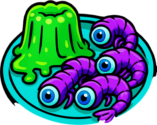 Alien food: Some green, oozing jelly and some purple shrimp with blue Human eyes all on a plate
In-Game asset.  2d.  High contrast.  No shadows.