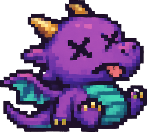 A pixel art version of the baby dragon character shown in a defeated state, designed for a 2D side-scrolling game. The dragon appears to be falling or lying on its back, with X-shaped eyes or closed eyelids. Its wings are limp and slightly spread, the tail droops, and its mouth is slightly open with a small tongue sticking out. The overall design remains cute and fantasy-inspired, with a cartoonish touch, but clearly shows the dragon is no longer active or alive. The colors and features should match the flying version for consistency.