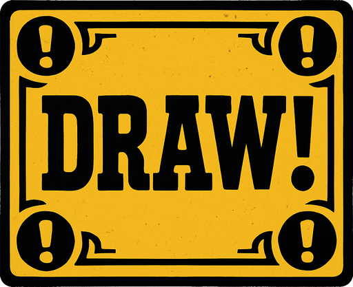 a western themed alert box that says DRAW! on it.
In-Game asset.  High contrast.  No shadows
