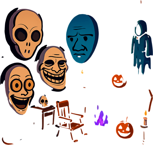 3D Scary room with many 3D decorations around, 3D scary masks of memes around it.
In-Game asset.  3D.  High contrast.  No shadows. no jesus cross. no star of 6. no start of 5. no devil. HD colors