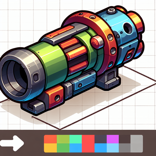 Type: 2D sprite (top-down or side view).
Style: Cartoonish or futuristic metallic cannon. colorful mixed colors
Animation: Slight recoil effect when shooting.
Size: Medium (fits at the bottom of the screen)..
Single Game Texture.  In-Game asset.  2d.  Blank background.  High contrast.  No shadows