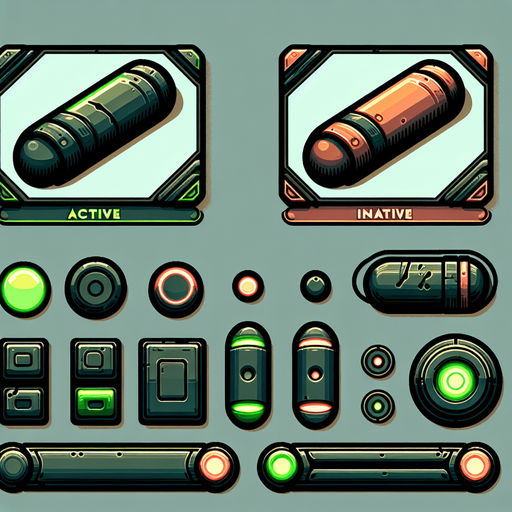 A sprite sheet featuring two large, flat toggle buttons for a hacking mobile game. Each toggle is cigar-shaped with rounded edges, displayed in active (green) and inactive (red) states.

The active state has a neon green fill with a circular slider positioned on the right, while the inactive state has a muted red fill with the slider on the left. The buttons are large and centered in the sprite sheet, with ample spacing and a clean, grey background. This design is minimalistic, clear, and ideal for a tech-themed game interface.
Single Game Texture. In-Game asset. 2d. Blank background. High contrast. No shadows.