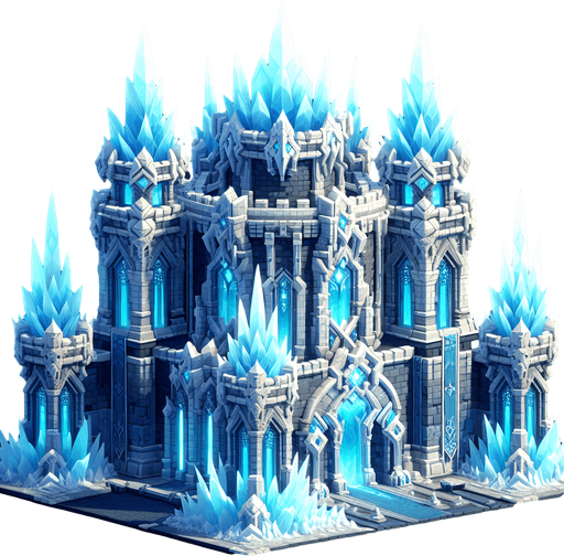 A super awesome turret tower built of ice blocks. Front view perspective. Single Game Texture. In-Game asset. 2d. Blank background. High contrast. No shadows.