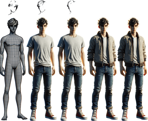 Redesigned Main Player Character: A Regular Person Hero

Concept: Transform the character into a relatable, everyday individual who embarks on a journey of self-discovery. This character is not a conventional “hero” but rather someone with hidden potential, embodying the player’s own struggles and aspirations.

Physical Features:
	1.	Body Shape:
	•	Average build, neither overly athletic nor weak, to reflect an everyman/everywoman persona.
	•	Slightly hunched posture at the start of the game to symbolize self-doubt, which straightens as they grow through the levels.
	2.	Facial Features:
	•	Soft, approachable features with expressive eyes that show vulnerability, determination, and growth.
	•	A simple hairstyle, slightly tousled, to give a casual, relatable vibe.
	3.	Clothing:
	•	Practical and understated: a plain t-shirt, a light jacket, jeans, and sneakers.
	•	As the character progresses, subtle changes in their outfit (like brighter colors or small glowing accents) reflect their growi.
In-Game asset. 3d. Blank background. High contrast. No shadows.