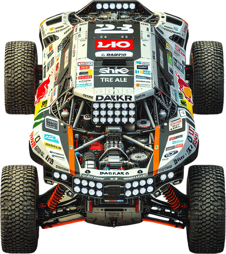 Photorealistic Cross-Country Dakar-Rally-Car from back,Top view.