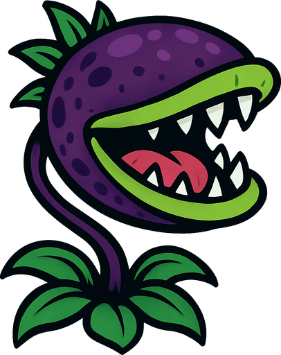 Planta Carnívora con una cabeza grande y ovalada de color púrpura oscuro, salpicada con manchas más claras del mismo tono. Su boca es enorme, bordeada por un labio verde lima y llena de dientes blancos y afilados. Dentro de su boca, se ve una lengua rosada y una garganta oscura. Un tallo delgado y púrpura sostiene la cabeza, y en su base, tiene varias hojas verdes que se curvan hacia abajo. Pequeñas hojas puntiagudas también brotan de la parte superior y trasera de su cabeza..
In-Game asset.  2d.  High contrast.  No shadows