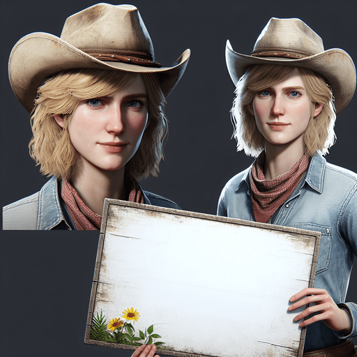 pretty blond human cowgirl holding a sign.
Single Game Texture. In-Game asset. 2d. Blank background. High contrast. No shadows.