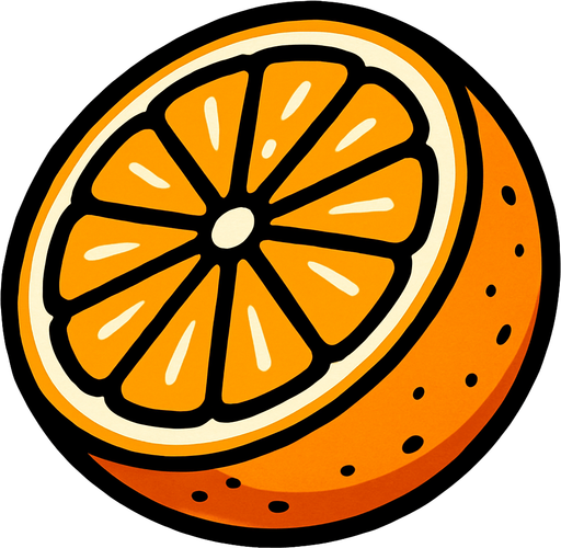 Naranja Circular Cortada por la mitad.
In-Game asset.  2d.  High contrast.  No shadows. Cartoon.