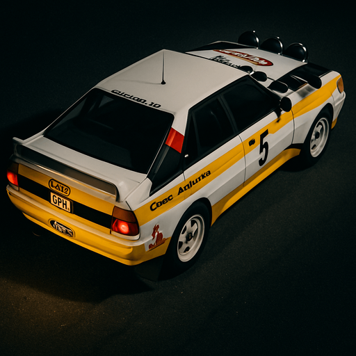 Photorealistic white audi b2 quattro RALLYCAR with YELLOW LIVERY AND red,grey,black stripes livery, drone topview from back in night. Angle should be 45 degrees in the top right corner of the screen.
