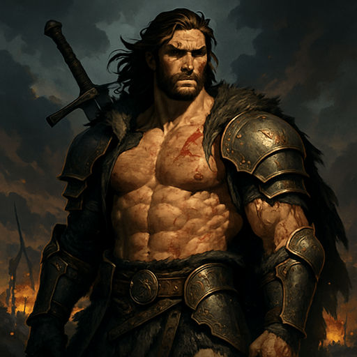 A towering, hypermasculine medieval warrior standing heroically on a battlefield at dusk, clad in weathered steel armor with golden engravings, his broad chest exposed under a torn fur-lined cloak, muscles defined and glistening with sweat and blood. Long, slightly wavy dark brown hair flows in the wind, a rugged chiseled jawline with a trimmed beard, piercing ice-blue eyes filled with intensity. Scars on his shoulder and a massive greatsword resting on his back. Background features a stormy sky and burning ruins, a dramatic lighting highlighting the power in his posture. Cinematic, realistic, highly detailed, epic composition, moody atmosphere --realistic style, medieval fantasy, 4K, ultra-detailed, volumetric lighting. realistic.
In-Game asset.  2d.  High contrast.  No shadows