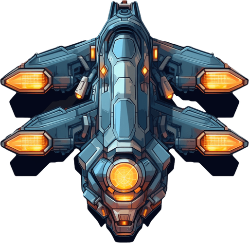 Hero Spaceship, flying up, single cannon in the center
Game Texture. In-Game asset. 2d. Pixelart. blank background. Low detail. High contrast.