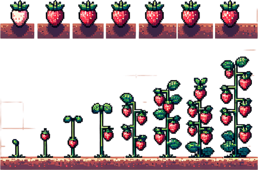 A spritesheet showing a strawberry plant in various stages of germantion, from seed over sapling and to full grown plant with ripe strawberries. The sprites should be laid out in a rectangular grid with blank space between them..
Single Game Texture. In-Game asset. 2d. Blank background. High contrast. No shadows.