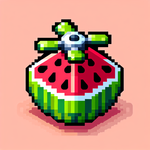 8-bit pixelated isometric cute watermelon with a rotor above.
Single Game Texture. In-Game asset. 2d. Blank background. High contrast. No shadows.
