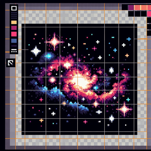 Galaxy pixelart in black background
Single Game Texture. In-Game asset. 2d. Blank background. High contrast. No shadows.