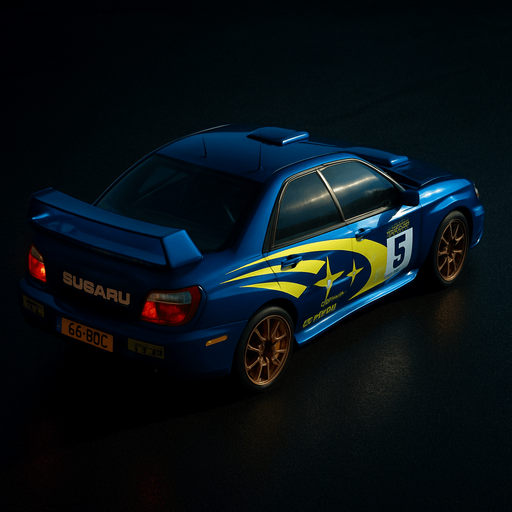 Photorealistic Subaru Impreza WRC in nightlight, drone topview from back and 45 degrees angle in top right corner