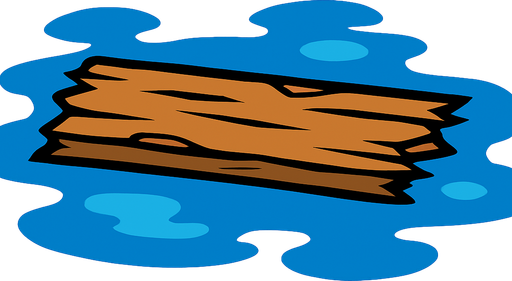 2D game asset, vector style, high contrast, flat colors, no shadows, a single long, broken wooden plank with splintered edges, floating horizontally on the surface of blue water, suitable for a top-down game, transparent background, PNG format..
In-Game asset.  2d.  High contrast.  No shadows