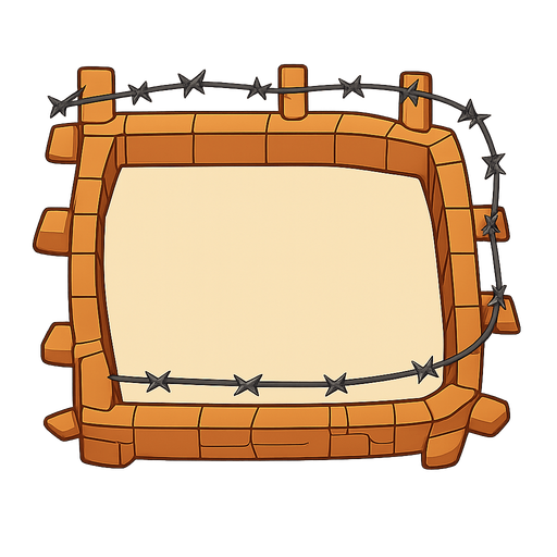 durvarlarla çevrili bir bölge ortası boş  duvarların üstünde tel olsun . No background. Transparent background. Blank background. No shadows. 2d. In-Game asset. flat