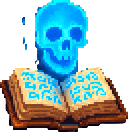 "2D pixel art of a glowing blue skull symbol emerging from an open magical spellbook. The spellbook has old, worn covers and glowing arcane runes on its pages. The skull symbol floats above the book, made of radiant blue magical energy, slightly transparent and softly glowingl. Style is classic 16-bit fantasy RPG pixel art. Transparent background.".
In-Game asset.  2d.  High contrast.  No shadows.
In-Game asset.  2d.  High contrast.  No shadows