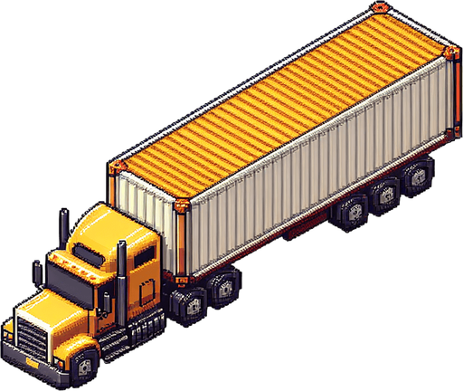 "Top-down view of a long yellow truck with a brown or white cargo container, pixel art style, 64x128 size, minimal retro arcade design, designed for a mobile endless driving game, clearly visible front cab and rear body, vertical orientation.".
Single Game Texture.  In-Game asset.  2d.  Blank background.  High contrast.  No shadows