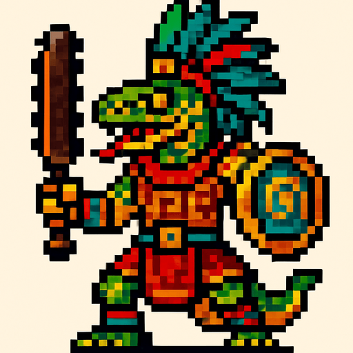 Generame un guerrero azteca con patrones, estilo pixelar, ademas sera un Serpiente sabanera humanoide.
In-Game asset.  2d.  High contrast.  No shadows