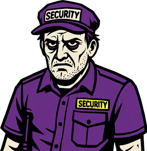 A 30-something security guard in a purple uniform, looking tired and vengeful..
In-Game asset.  2d.  High contrast.  No shadows