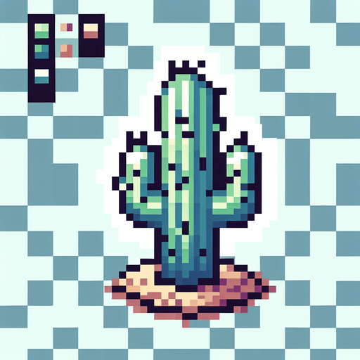 Pixelated cactus seen from above.
Single Game Texture.  In-Game asset.  2d.  Blank background.  High contrast.  No shadows