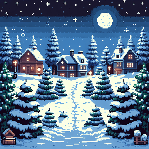gif pixel art for game background, snow on the ground, houses in the far background and moonligh, trees on the left and right, cozy Christmas atmosphere Single Game Texture. In-Game asset. 2d. Blank background. High contrast. No shadows.