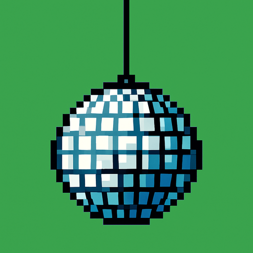 una bola de espejos tipo fiebre de sabado por la noche con estilo pixel art con el cable de donde cuelga largo, con fondo verde
.
In-Game asset.  2d.  High contrast.  No shadows