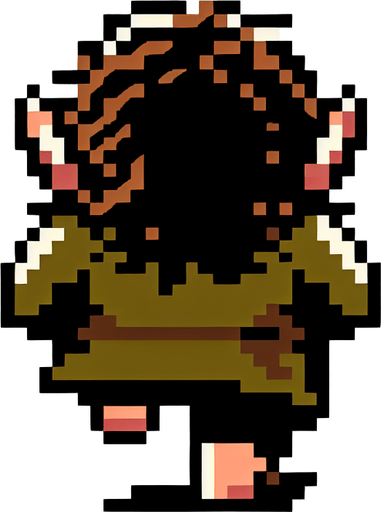 A pixel art sprite of a hobbit. Top down view from behind so the player only sees the hobbits top of head. Full body Top down aerial view, from behind, he is running, Nintendo art style 16 bit, retro. Single Game Texture. In-Game asset. 2d. Blank background. High contrast. No shadows.
Single Game Texture. In-Game asset. 2d. Blank background. High contrast. No shadows.