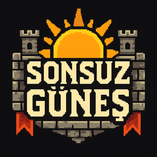 Sonsuz Güneş oyunu yazan orta çağ temalı bit oyun logosu.
In-Game asset.  2d.  High contrast.  No shadows