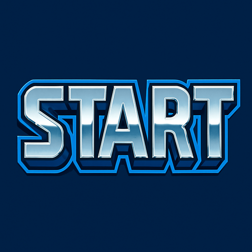 una imagen que diga "start" en letras grandes con una fuente alusiva a lso que se usan en video juegos de color metal brillante.
In-Game asset.  2d.  High contrast.  No shadows