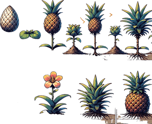 A spritesheet showing a pineapple plant in various stages of germantion, from seed over sapling, to bloom and to full grown plant, and then the ripe fruit. The sprites should be laid out in a rectangular grid with blank space between them.. Single Game Texture. In-Game asset. 2d. Blank background. High contrast. No shadows..
Single Game Texture. In-Game asset. 2d. Blank background. High contrast. No shadows.