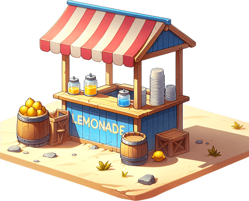 An empty beach side lemonade stand..
Single Game Texture. In-Game asset. 2d. Blank background. High contrast. No shadows.