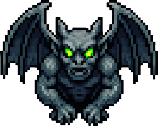 um gárgula voador com olhos brilhantes, pixel 32bits art style, vista aerea frontal.
In-Game asset.  2d.  High contrast.  No shadows